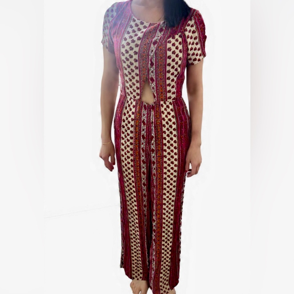 Elegant Red and Cream Patterned Jumpsuit